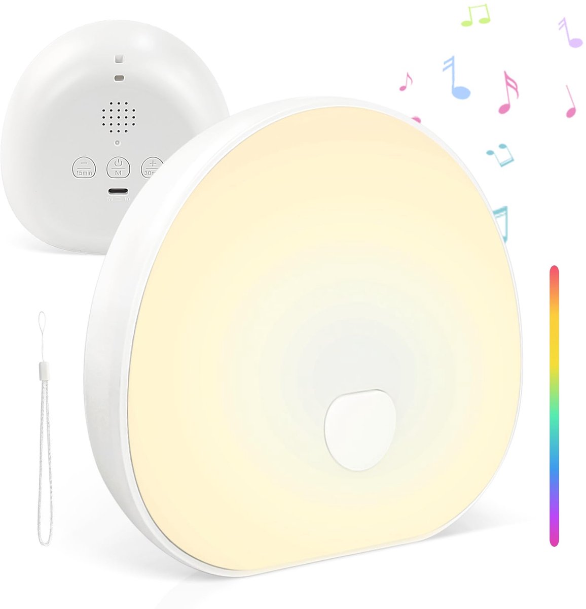White Noise Machine - Draagbare Wit Geluid met 7 Kleuren Nachtlampje voor Baby, Kalmerende Muziek, Timerinstellingen, Oplaadbare Batterij, Type-C, Geschikt voor Volwassenen en Baby's