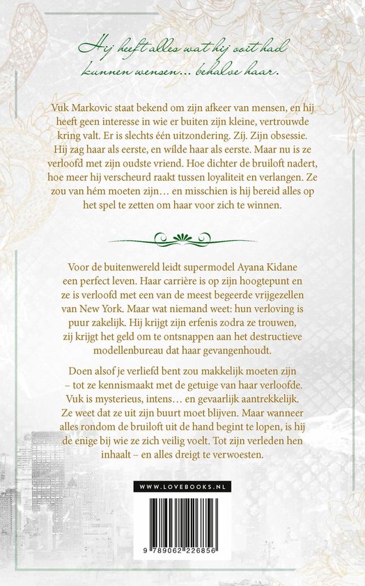Boekomslag met tekst 'Hij heeft alles wat hij ooit had kunnen wensen... behalve haar.' en beschrijving van het verhaal.