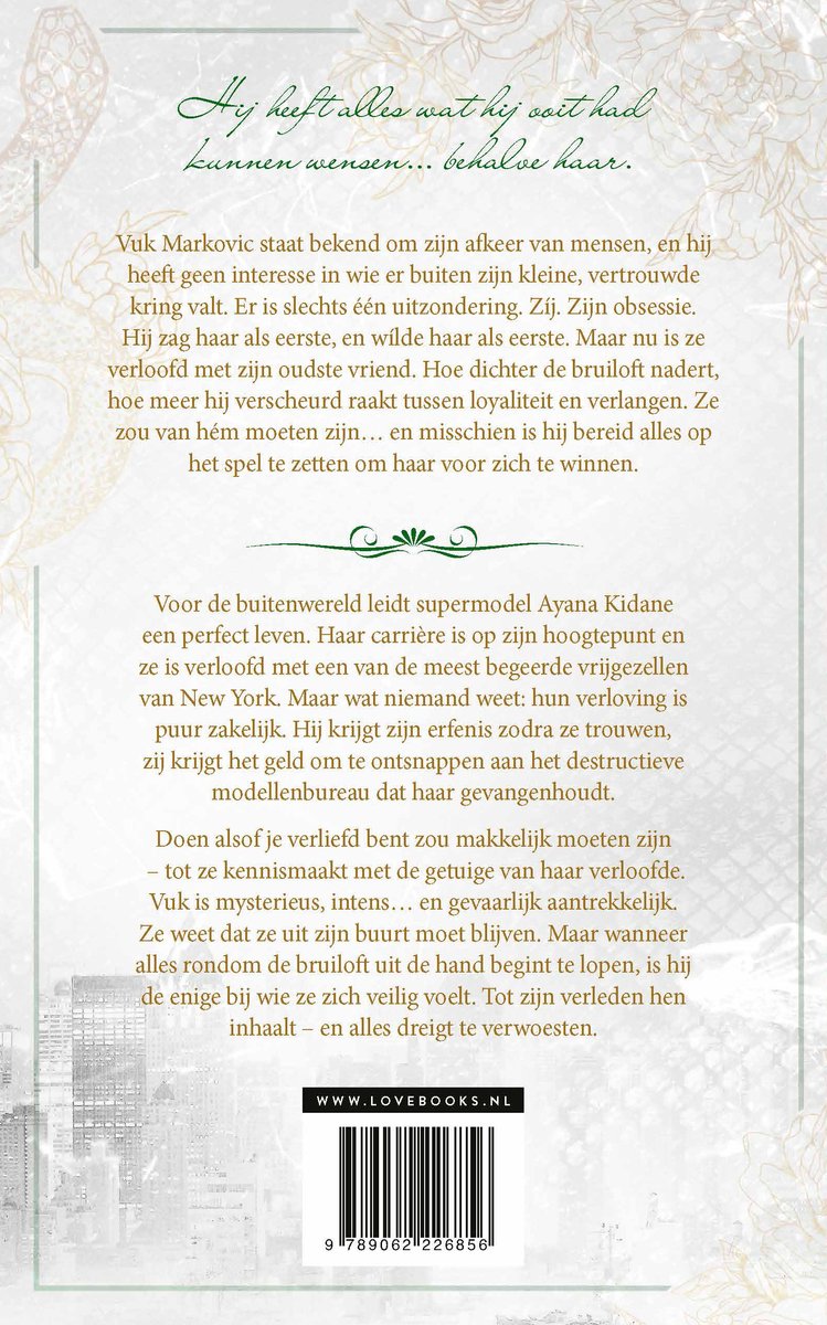 Boekomslag met tekst 'Hij heeft alles wat hij ooit had kunnen wensen... behalve haar.' en beschrijving van het verhaal.