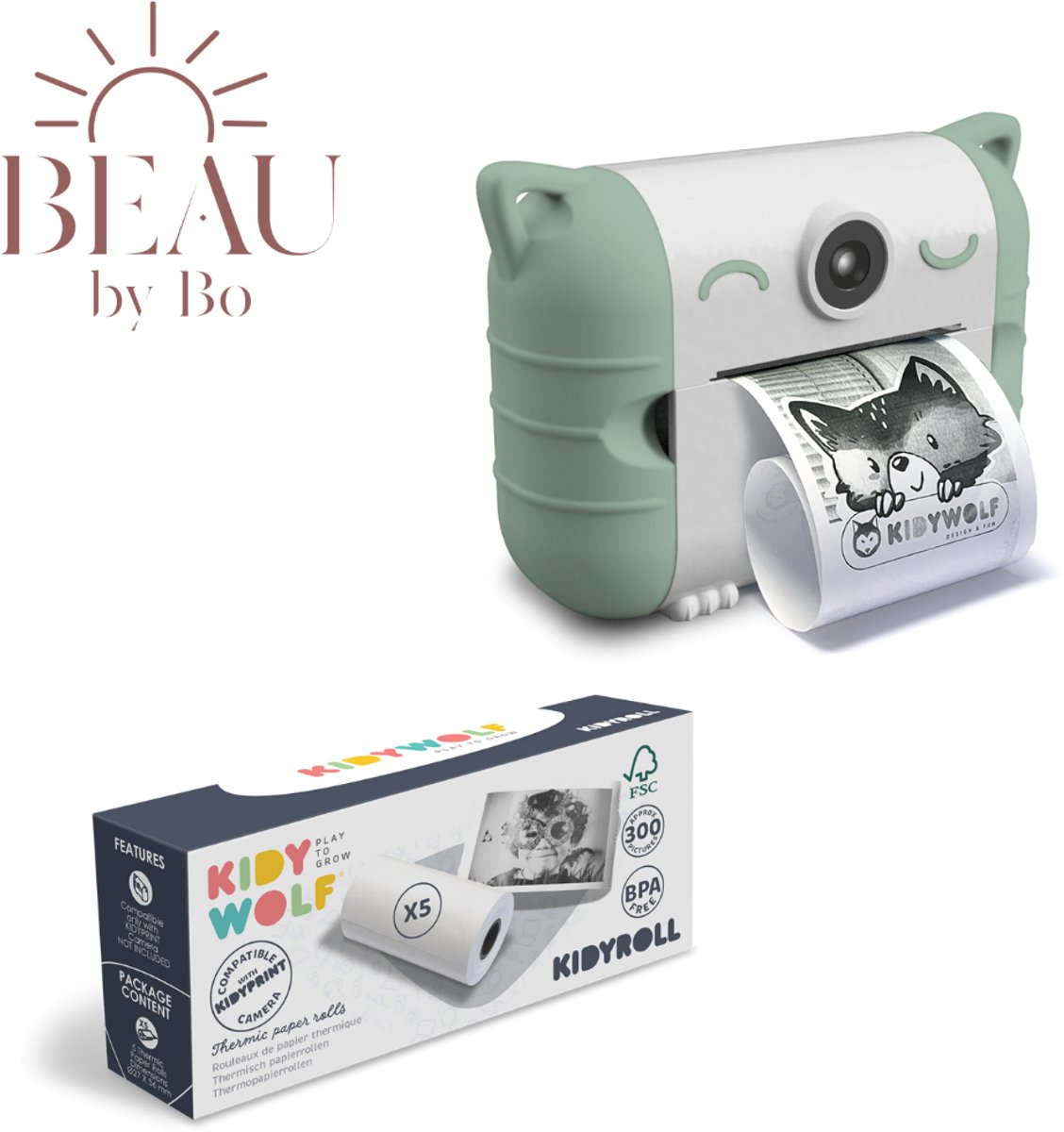 Bundel Kidywolf Camera met thermische printer Groen + Refill 5 rolletjes Klassiek