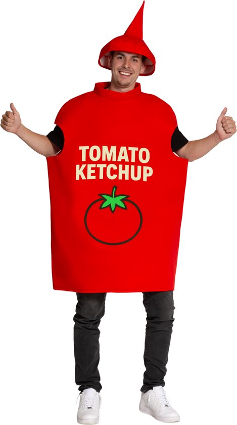 Partychimp Ketchup Fles Verkleedpak Tomaten Kostuum Unisex Kostuum Carnavalskleding Carnaval kostuum verkleedkleding Volwassenen - Polyester - Rood - Unisex - One size