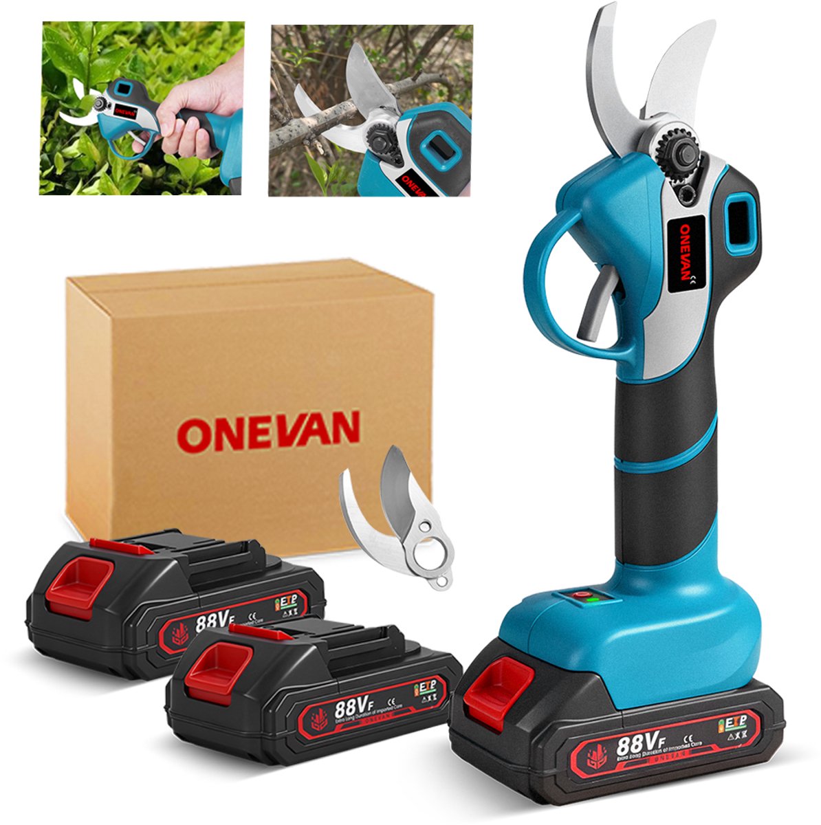 ONEVAN Elektrische Snoeischaar - 30mm Snijdiameter - met 2x Accu & Reserve Set Snoeimessen - Draadloze Snoeischaar - SK5 Scherp Lemmet - Borstelloos Snoeischaren - Voor Boomgaard, Tuin, Boerderij, Park, Tuinieren