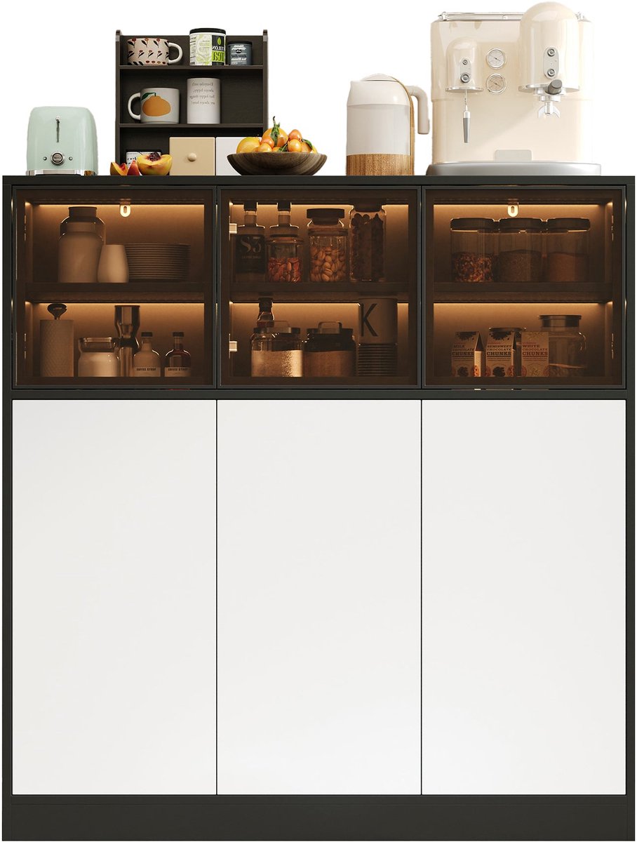 Merax Sideboard Opbergkast - Keukenkast Voor Woonkamer Keuken En Eetkamer - Led Verlichting 24 Kleuren - 3 Glazen Deuren - 3 Dichte Deuren - Zwart Wit - 100 X 40 X 105 Cm