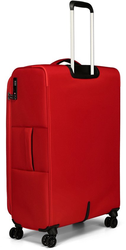 Rode American Tourister koffer met vier wielen, een uitschuifbaar handvat en een TSA-slot.