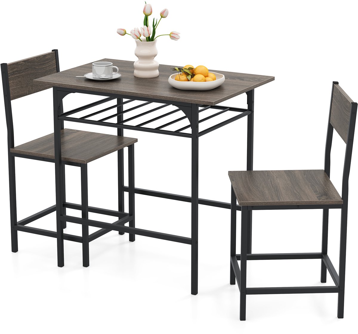Costway Eettafel met 2 stoelen, 3-delige houten eetgroep met opbergvak en metalen frame, kleine keukentafel voor 2 personen, eetkamergroep voor keuken, eetkamer, 80 x 52,5 x 77 cm (grijs)