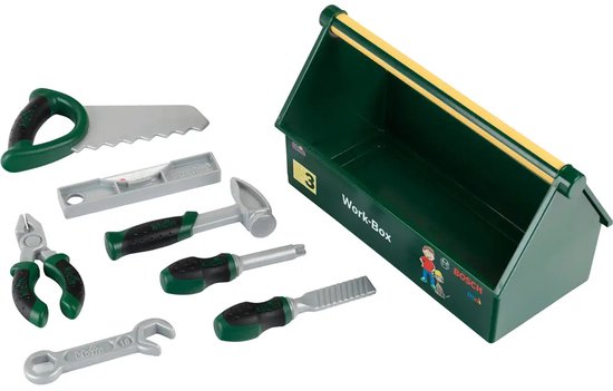 Boîte à outils verte avec outils : scie, niveau, marteau, clé, pince, ciseau et tournevis.