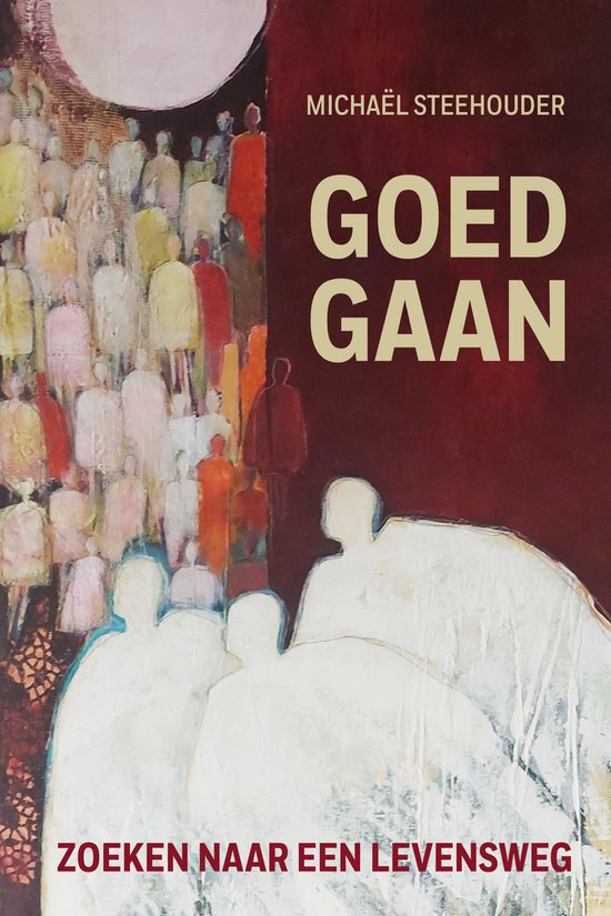 Boekomslag met 'Michaël Steehouder GOED GAAN ZOEKEN NAAR EEN LEVENSWEG' in beige letters op een rode achtergrond. Links een abstracte schildering van een menigte in warme kleuren.