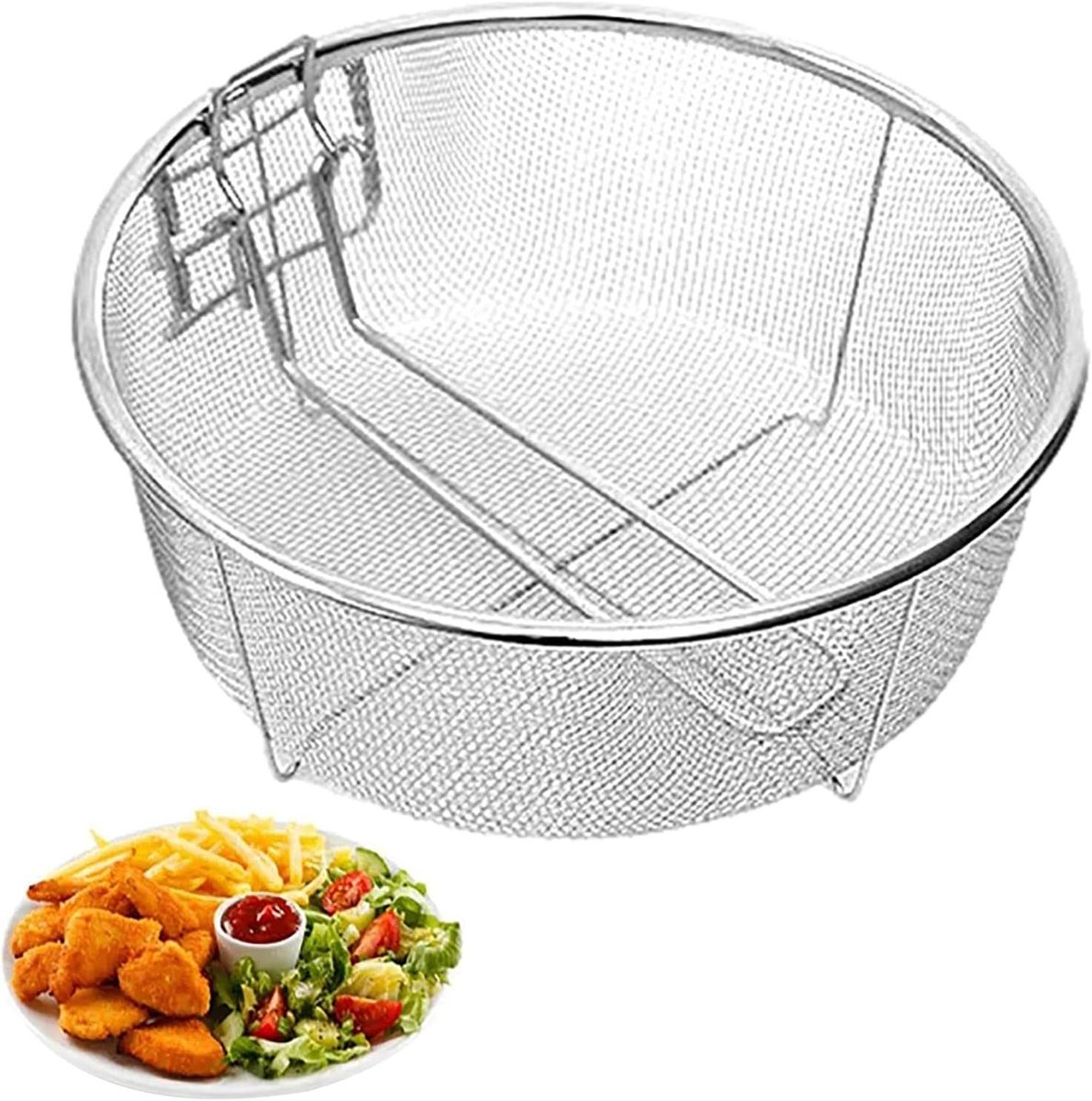 RVS Frituur- & Zeefmand – Handgreep - Blancheer- & Frituuraccessoire Voor Chips - Uienringen & Kip