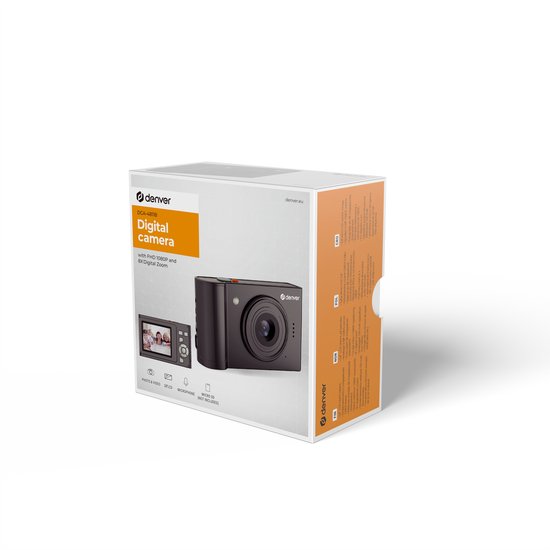 Verpakking van een Denver digitale camera. De doos toont een foto van de camera en tekst zoals 'Digital Camera' en 'Full HD'.