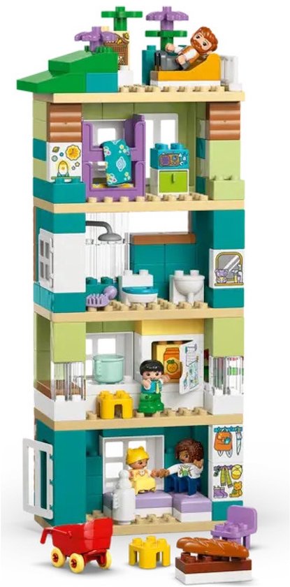 Haute tour Duplo de 4 étages, verte et turquoise, avec des figurines.