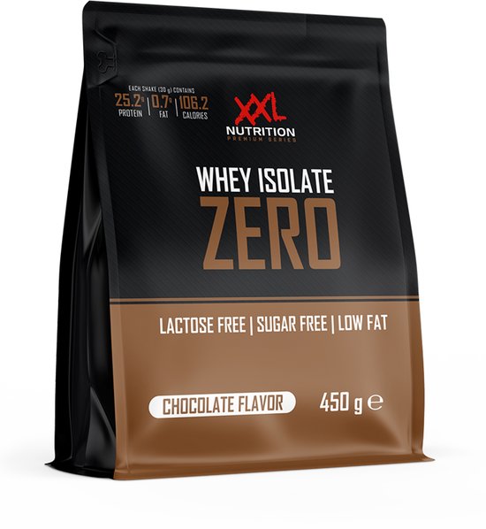 Zak XXL Nutrition Whey Isolate Zero chocoladesmaak (450g) met de tekst 'Lactosevrij | Suikervrij | Vetvrij'.