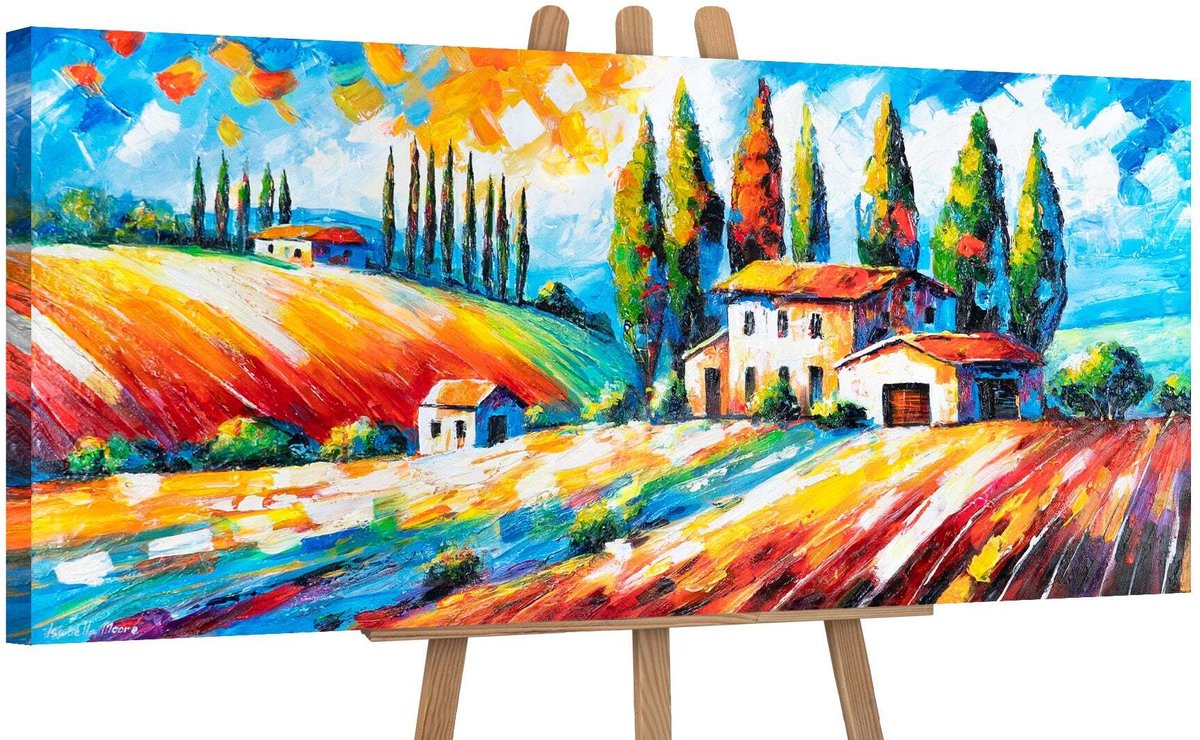 YS Canvas schilderij panoramisch 115x50 handgeschilderd bloeiende velden natuur – YS-Art Gallery – Frisse wanddecoratie voor woonkamer – Modern schilderij voor hal