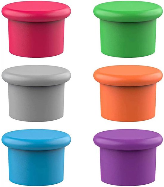 Zes siliconen flessendoppen in roze, groen, grijs, oranje, blauw en paars.
