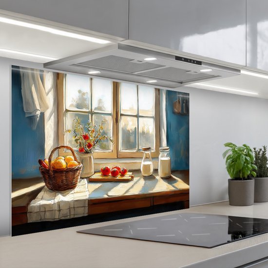 Een schilderij van een keukenraam met uitzicht op een zonnig landschap, met een mand vol fruit en tomaten op de vensterbank.