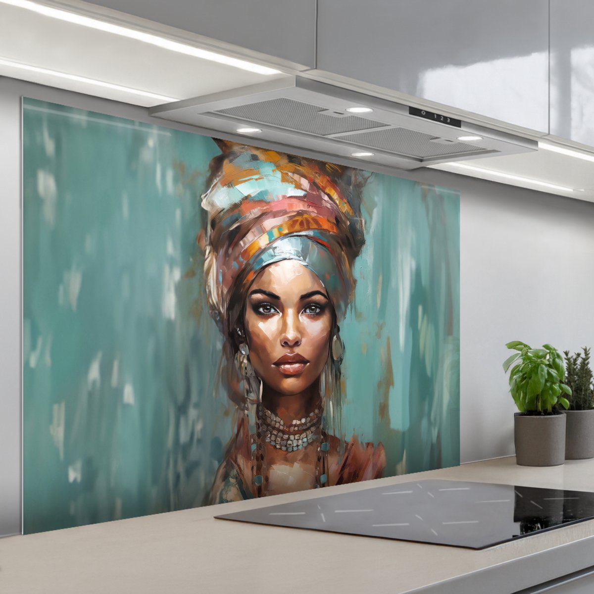 KitchenYeah Spatscherm 120x80 cm Zelfklevende achterwand Vrouw Kunst Sieraden Portret Keuken muurbeschermer Spatwand fornuis