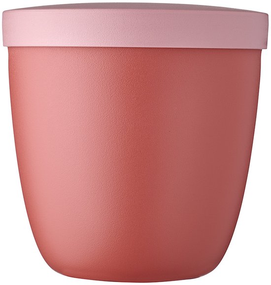 Roze bewaarpot met lichtroze deksel.