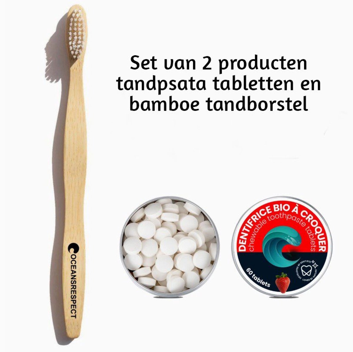 Set van 2 producten Duurzaam bamboe Zero waste- tandborstel - tabletten handpasta AARDBEI 60 stuks