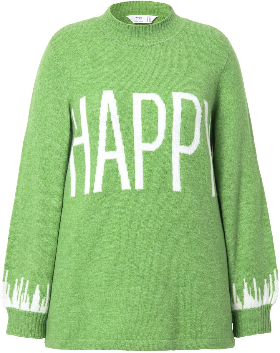 Angel of Style - Dames - Trui HAPPY-statement lange ballonmouwen - Mintgroen - Maat 46+
