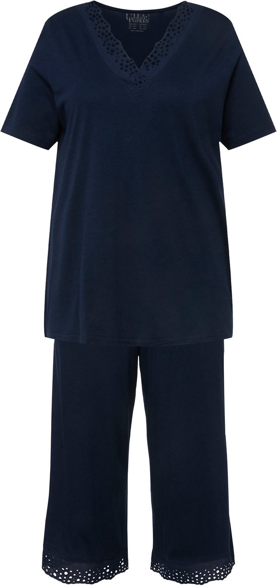 Ulla Popken - Dames - Pyjama opengewerkt borduursel korte mouw modalmix - Nachtblauw - Maat 54+