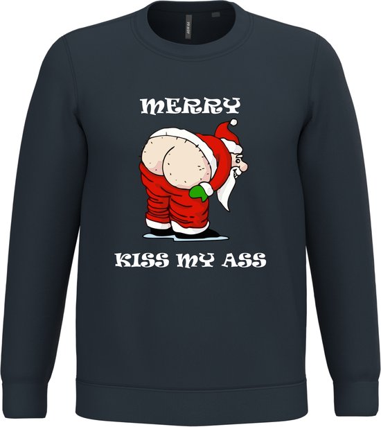 Pull de Noël Joyeux Kiss à mon cul | Pulls de Noël moches pour hommes et femmes | Pull de Noël | Marine | taille XXL