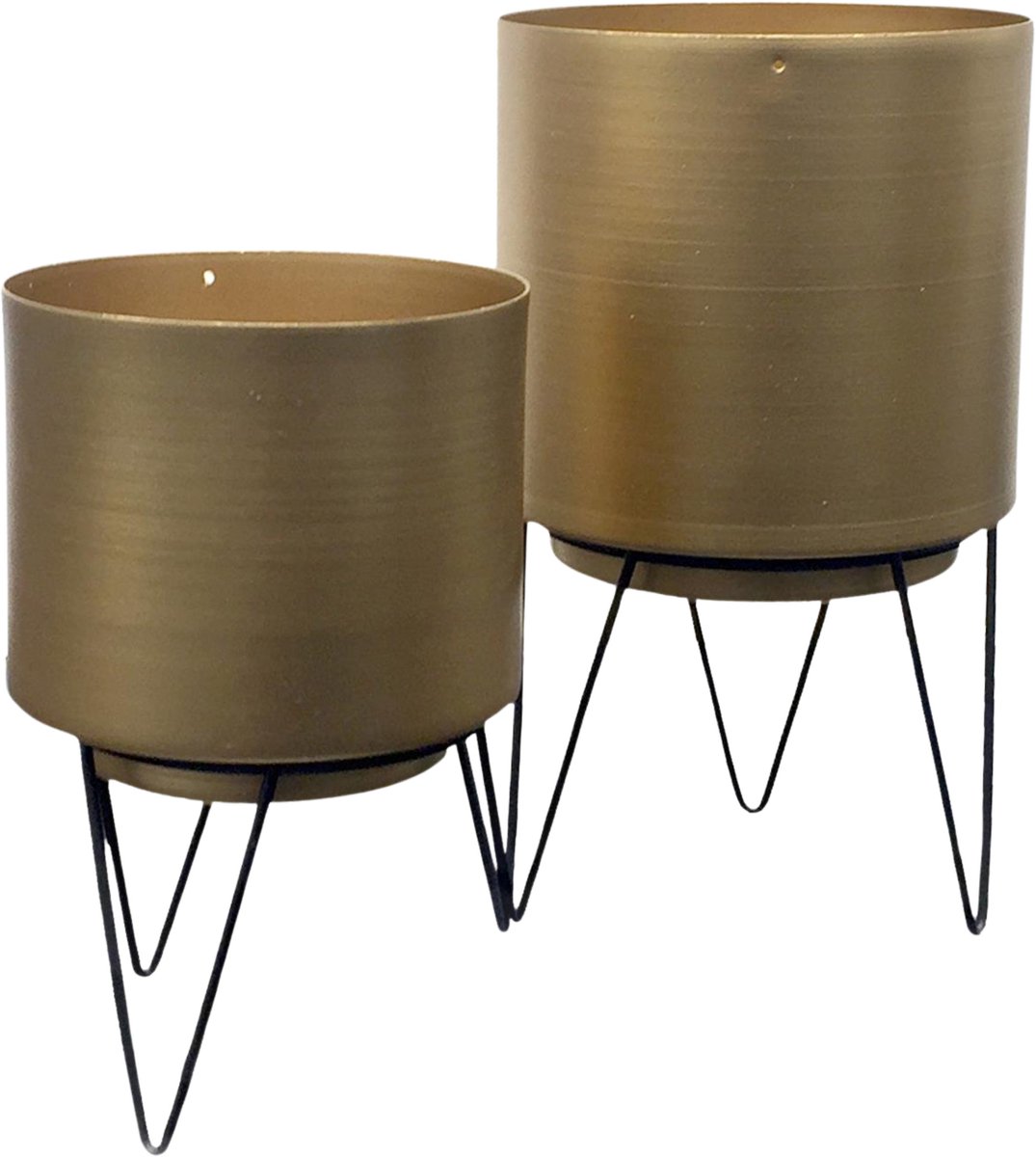 Home Deco Factory Plantenpotten set - op standaard - 2x stuks - goud - H22-H17 - decoratie bloempotten
