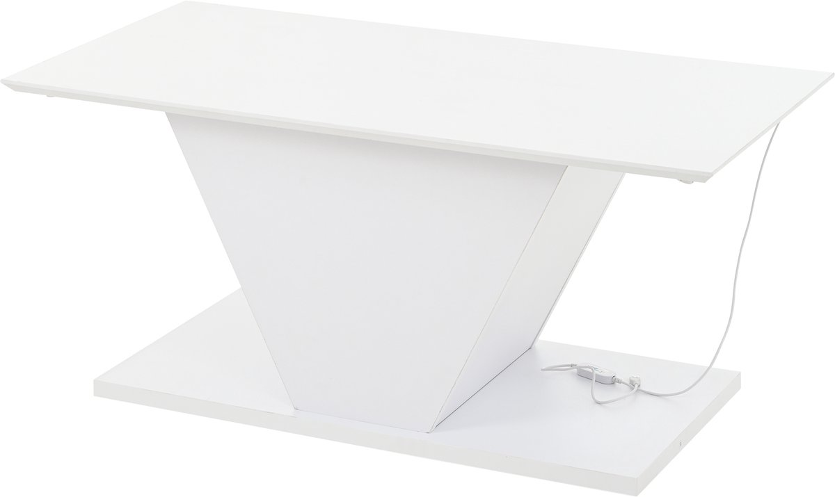 REDOM V-vormige salontafel 100×50×46 cm met hoogglans blad, app-bediening LED, wit, spaanplaat, 30 kg draagvermogen