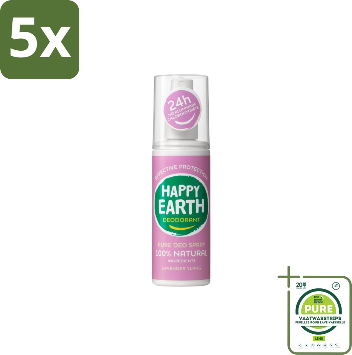 5 x Happy Earth – Deodorant Spray – 100% Natuurlijk Lavender Ylang – 100 ml - Grootverpakking - Deodorant Spray - Natuurlijke Deodorant - Lavendel En Ylang-ylang - Huidvriendelijk - Vrij Van Aluminium