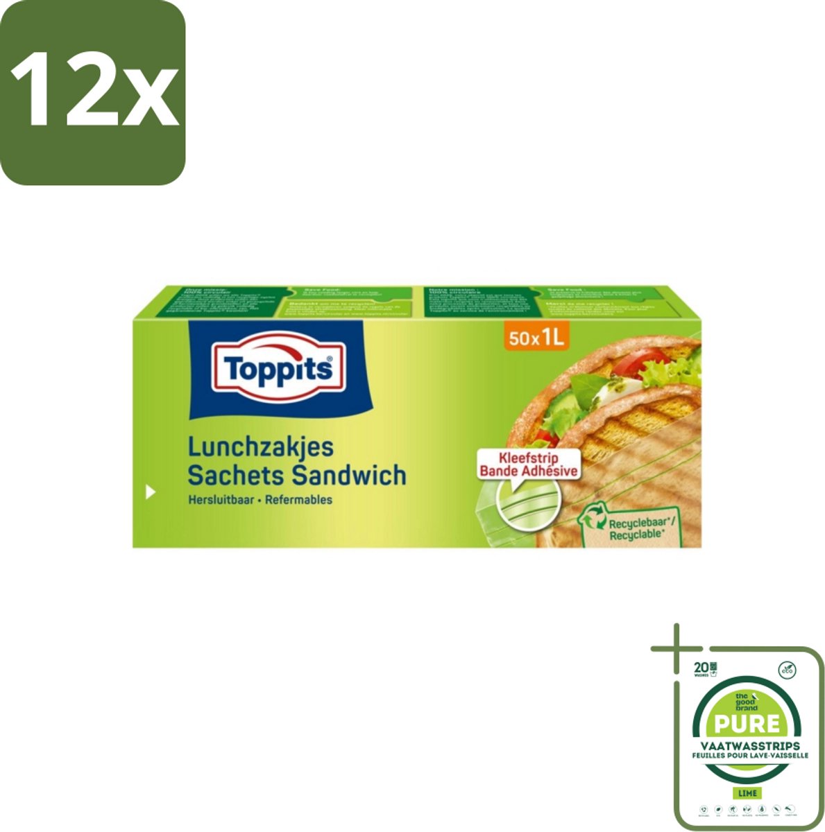 Toppits – Lunchzakjes – Hersluitbaar – 1 Liter – 50 Zakjes - Voordeelverpakking - 12 stuks - Sandwichzakjes - Lunchzakjes