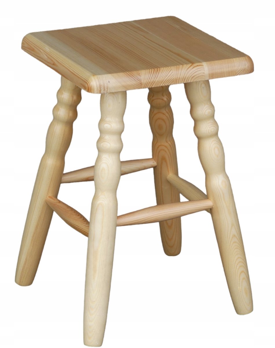 Houten Keukentabouret - Vierkant Zitting, Gedraaide Poten, 45cm Hoog