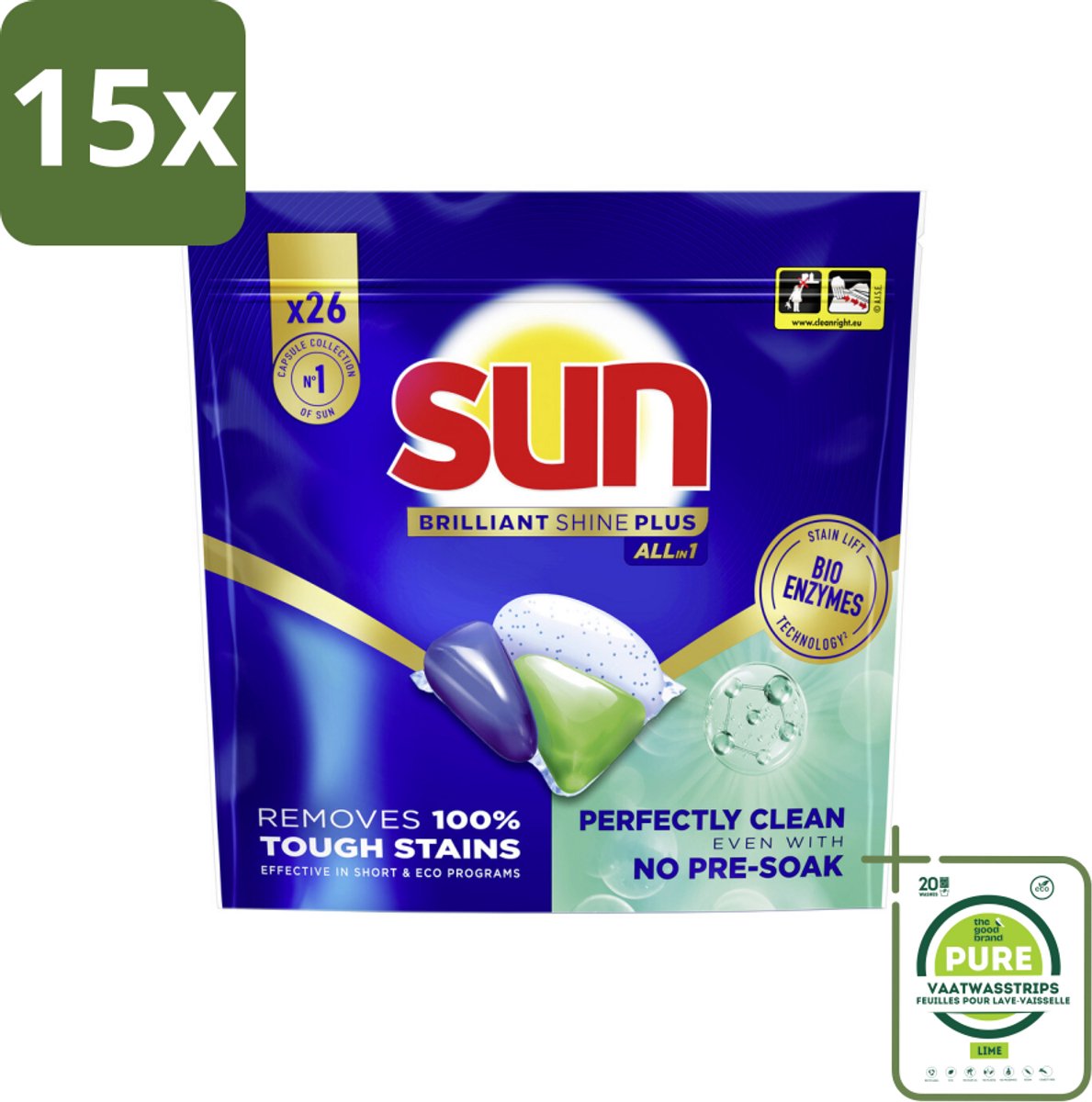 15 x Sun – Vaatwascapsules – Brilliant Shine+ All-in-1 - 26 capsules - Grootverpakking - Vaatwasmiddel - Vaatwascapsules - Schone Vaat - Vlekken Verwijderen - Vaat Reinigen