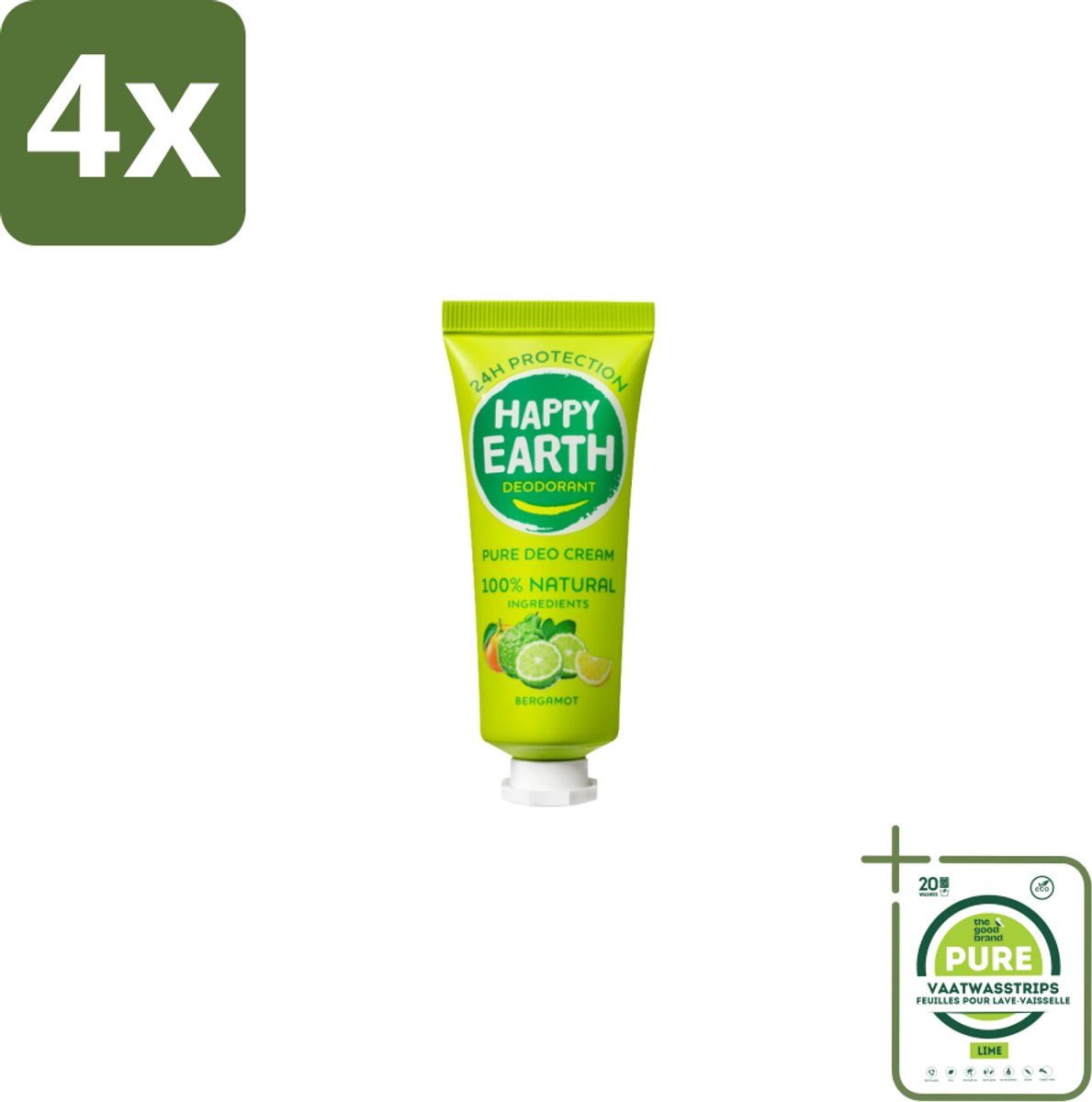 Happy Earth – Deodorant Cream – 100% Natuurlijk Bergamot – 40 ml - Voordeelverpakking - 4 stuks - Natuurlijke deodorant - Bergamot deodorant