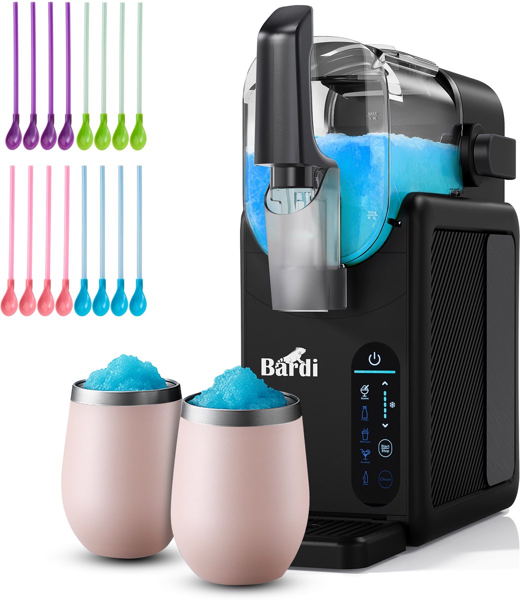 Bardi Slush Hero® Combi – Slushmachine - Slush Puppy Maker 2,6L + 2 Thermoscups Roze + 12 Slush Lepelrietjes – Voor Slushies, Milkshakes, Frappé & Frozen Cocktails – Zelfreinigend – zwart