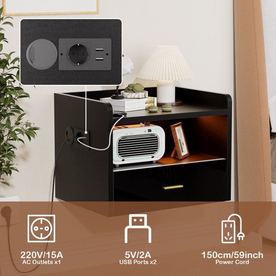 Table de chevet murale noire 2 pièces - Tiroir à 1 compartiment et station de recharge | 1 Outlet + 2USB ports USB ( Power européenne) | Table de chevet en Wood avec bande lumineuse LED | Solution de rangement mural pour chambre à coucher