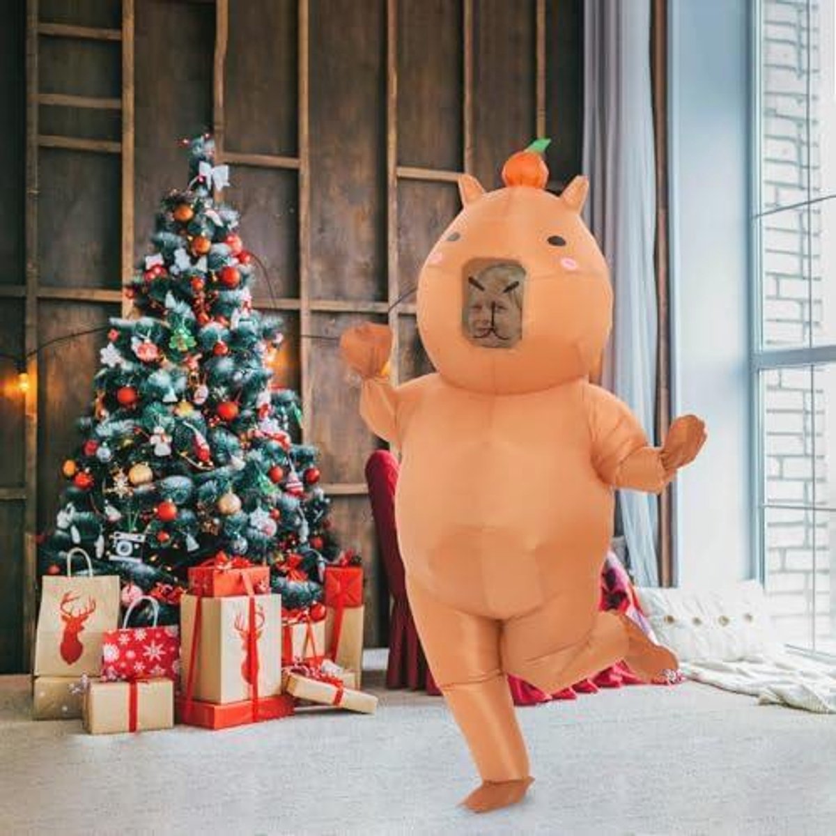 Opblaasbaar cartoon capibara-kostuum voor volwassenen – leuke kerst, carnaval, Halloween-blaaspak, opblaasbaar overkleden voor het hele lichaam, unisex  200000532