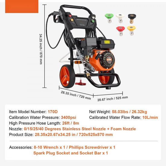 Benzine hogedrukreiniger - Drukreiniger op benzine - Max. druk 234 bar - Debiet 10 l/min - Aluminium pomp - Hogedrukpistool met verlenglans - Set van 5 sproeiers — afbeelding 2