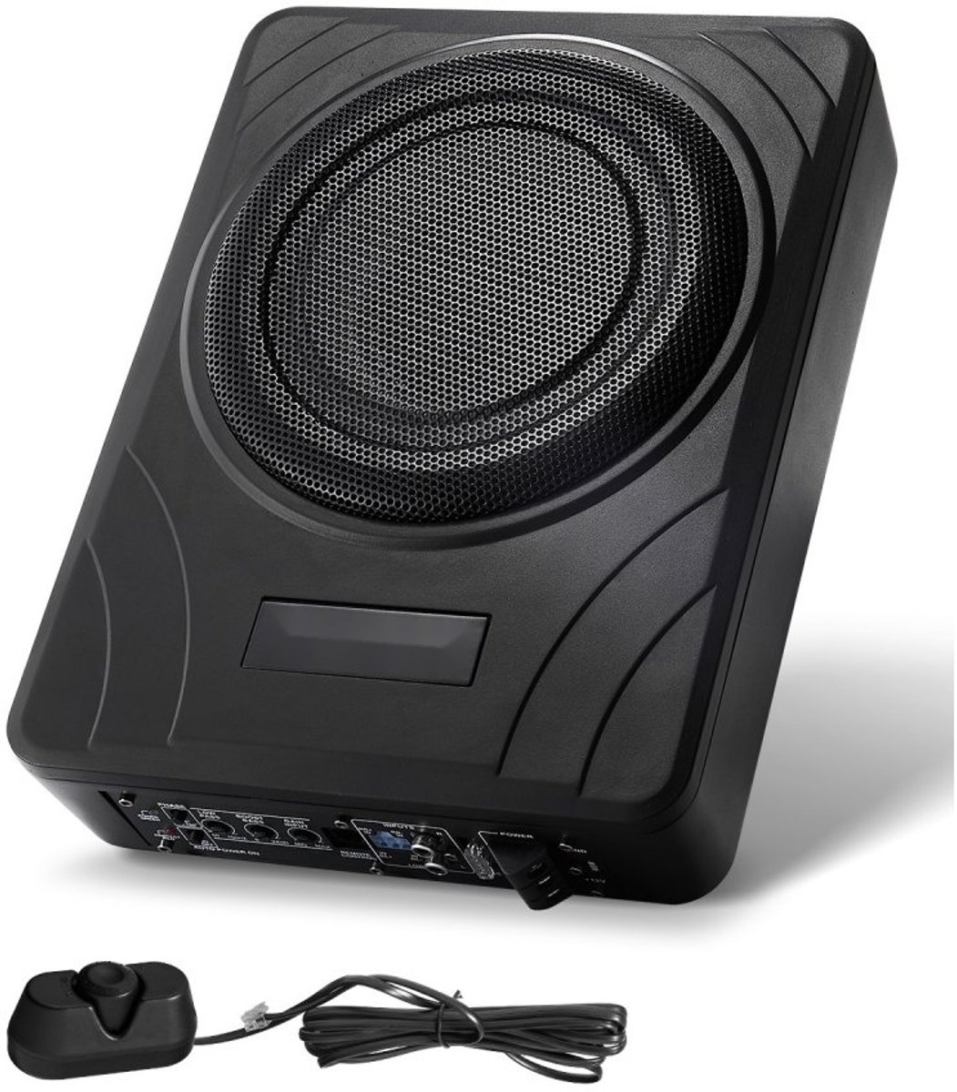 Subwoofer voor in de auto - Onderstoel actieve 300W - Ingebouwde versterker - Platte compacte behuizing - Hoge/lage ingang - Volumeregeling - Voor SUV, vrachtwagen en camper