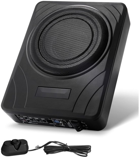 Zwarte subwoofer met grill, aansluitingen en een bijgeleverde volumeregelaar.
