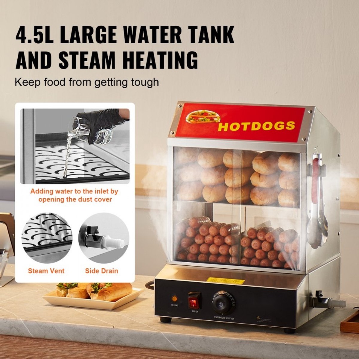 Hotdogstomer & Broodjeswarmer - Elektrische RVS Stoomkast - 27L Capaciteit - 2-Laags - Temperatuur 30–85°C - Schuifdeuren van Gehard Glas - Inclusief Tang