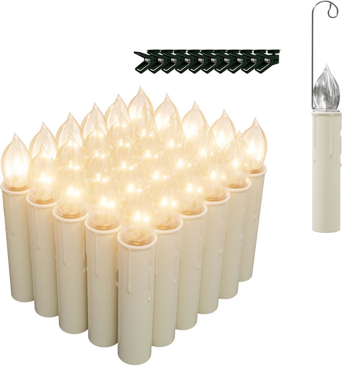 NAIZY 30-delige LED-kerstboomkaarsen, draadloze drijvende kerstkaarsen, vlamloos met afstandsbediening, op batterijen, warm witte kerstboomverlichting met haken, clip Zonder batterij