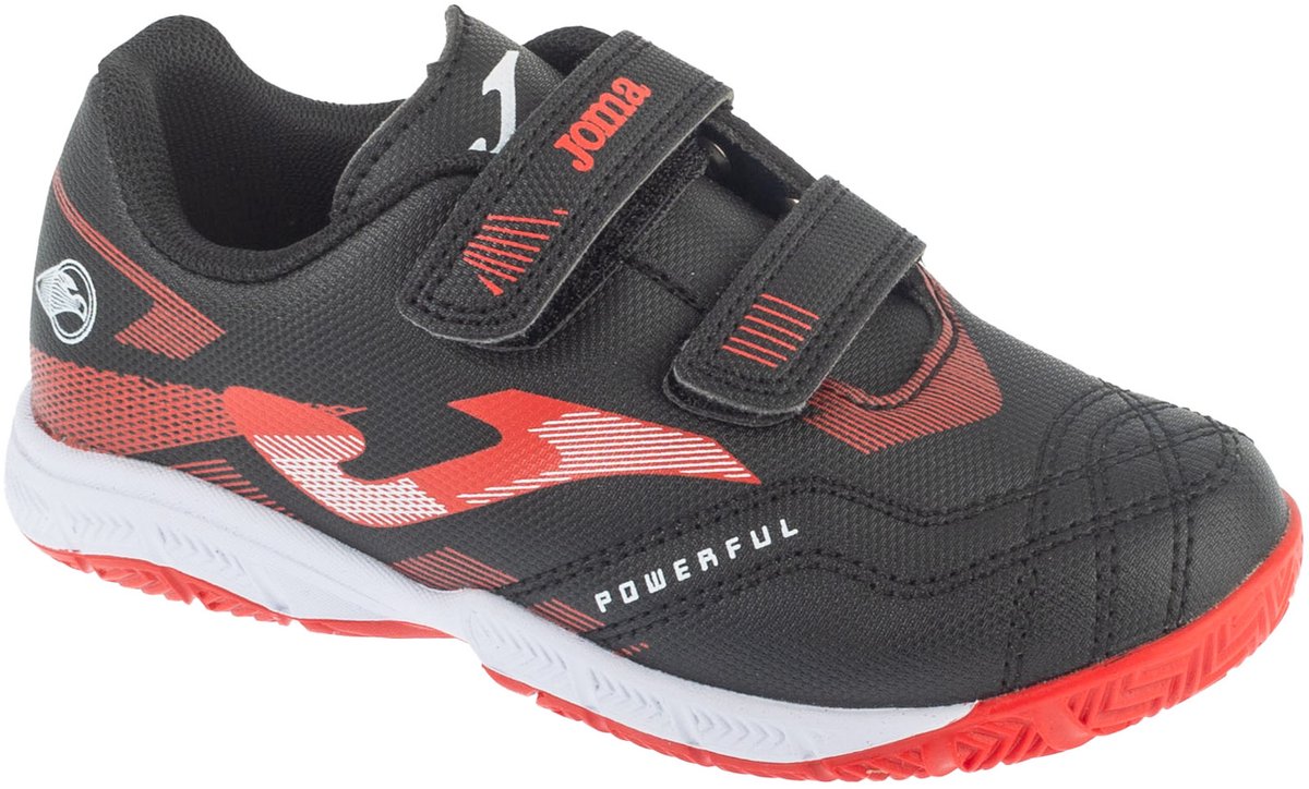 Zwarte Joma Powerful Jr 25 POJW INV indoorschoenen voor jongens, maat 32, met klittenbandsluiting en rode accenten.