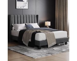 gestoffeerd bed, bedframe, stabiel tweepersoonsbed, gezinsbed, gewatteerd bedframe, bed met opbergruimte voor slaapkamer, logeerkamer, donkergrijs
