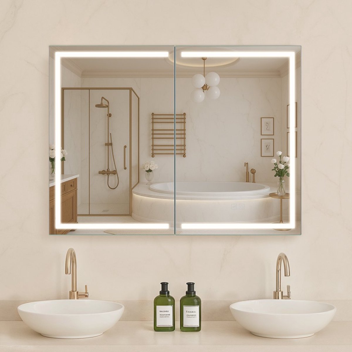 Badkamer Spiegelkast/Medicijnkast - Wandmontage - Afmeting 60 x 80 cm - LED-Verlichting 3-Kleuren Dimbaar - Geheugenfunctie - Verstelbare Planken - Stopcontacten & USB-Poorten