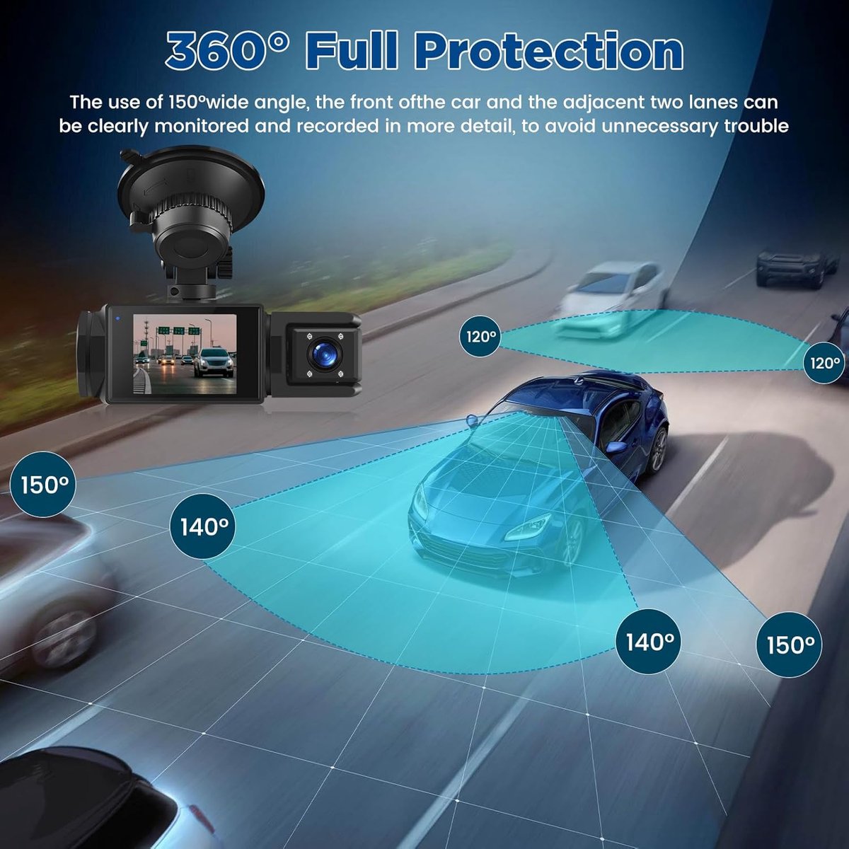 WiFi Dashcam voor Auto – 3-kanaals Draadloze Dashcam met App, Voor Binnenin Achter Camera, Full HD 1080P, 2” IPS-scherm, Nachtzicht, Bewegingsdetectie, Loopopname, 64GB-kaart Inbegrepen – foto 5