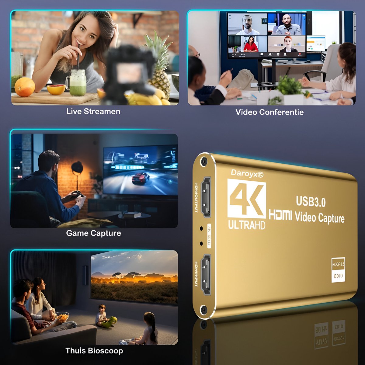 Daroyx® VCC4K Pro Video Capture Card - USB-A 3.0 - HDMI 4K@60Hz - Geschikt als Game Capture - Goudkleurig thumbnail 7
