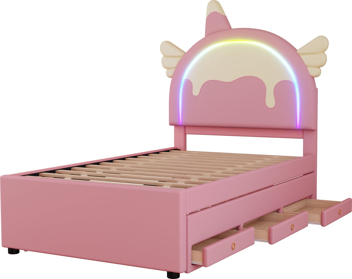 STILVORA Peuterbed 90x200 - Kinderbed Eenpersoonsbed met Uitrolbed en Opbergruimte, Leuk Eenhoorn Hoofdbord - PU - Roze — cadeau in Cadeau-ideeën - foto 6