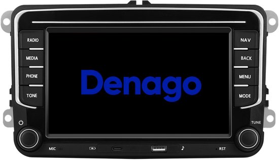 Autoradio met zwart scherm waarop "Denago" in blauwe letters staat.