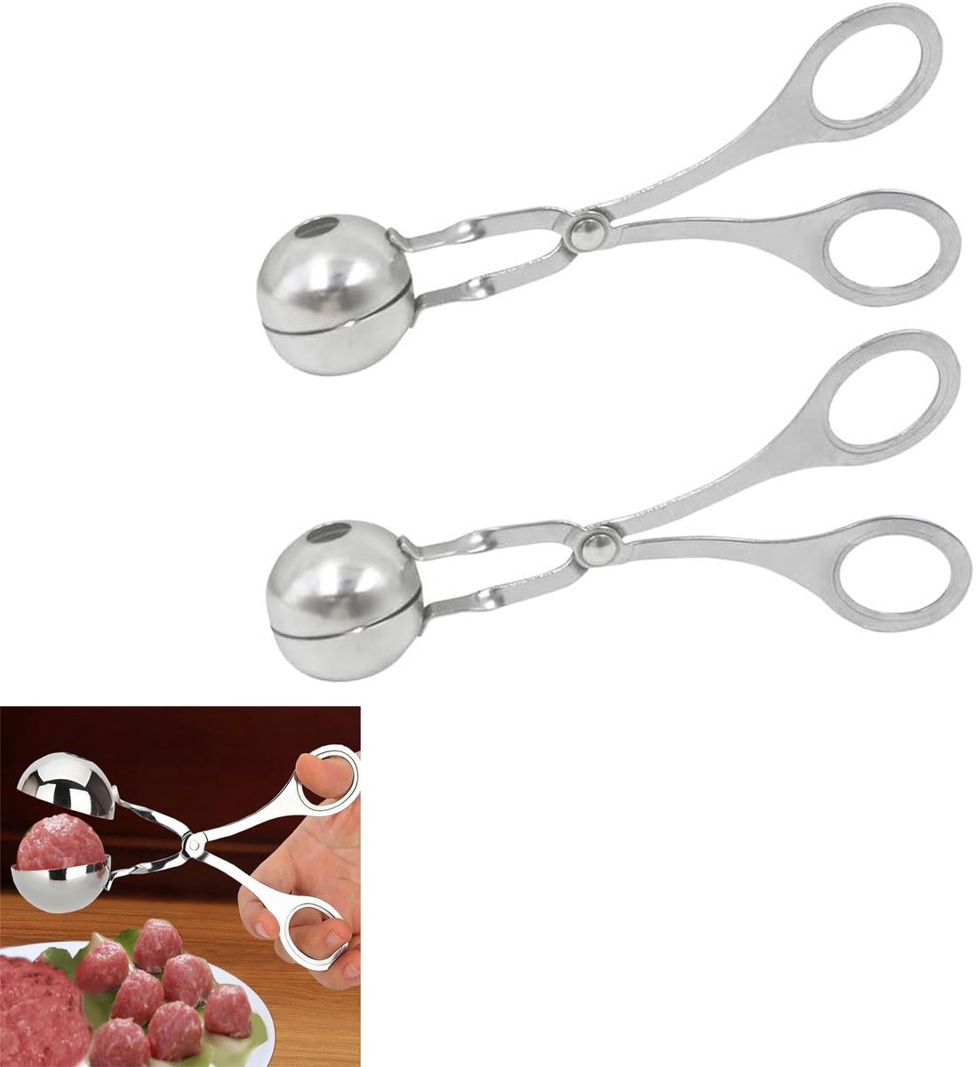 Gigicial RVS gehaktbalklemmen - Gehaktballepel van voedingskwaliteit - Hoge sterkte en hoge temperatuurbestendigheid - 2-pack - Multifunctionele BBQ- en dessertmaker - Zilver