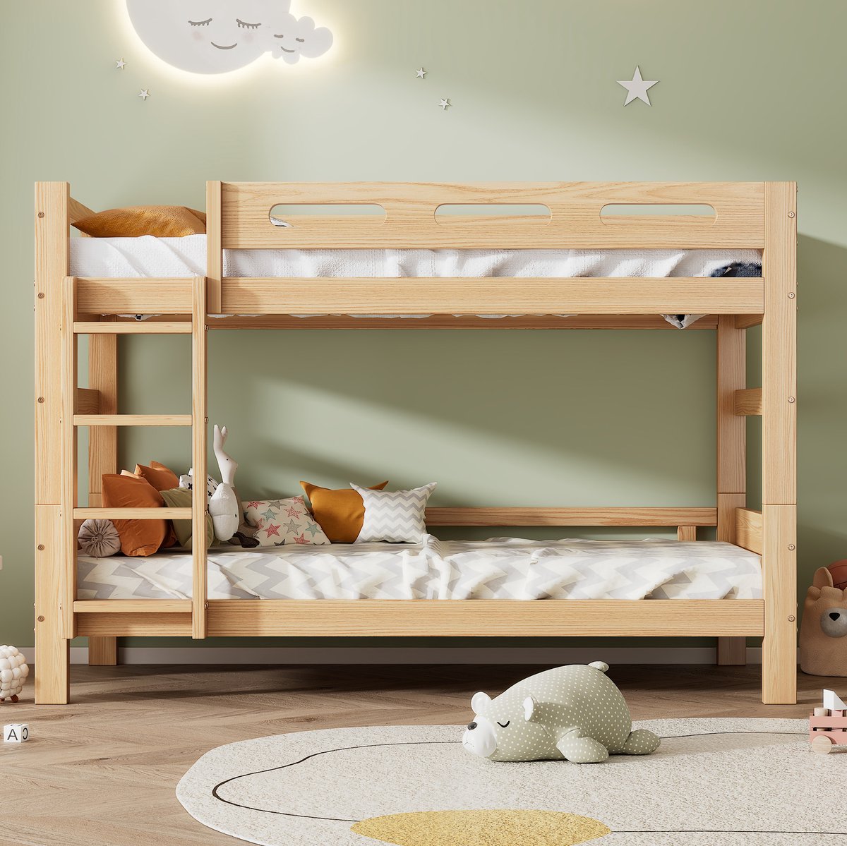 MODFU Kinderstapelbed 90x200 cm – Ombouwbaar tot 2 eenpersoonsbedden – Massief grenen – Naturel