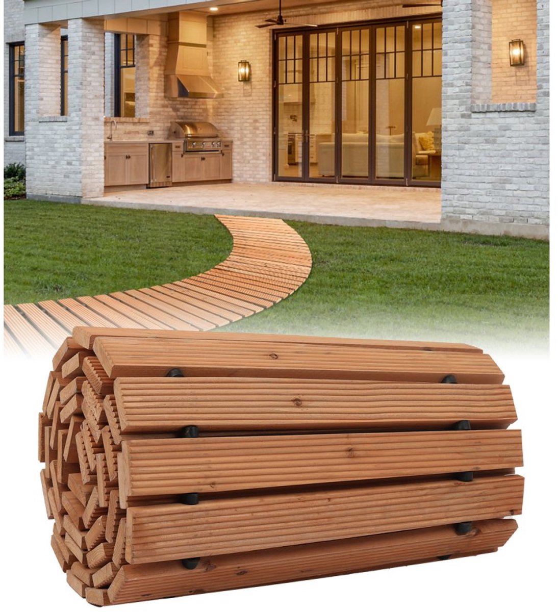 Uitrolbaar Tuinpad - Oprolbaar Cederhouten Looppad - Staalkabelverbinding - 253x43 cm - Voor Tuin, Strand en Terras