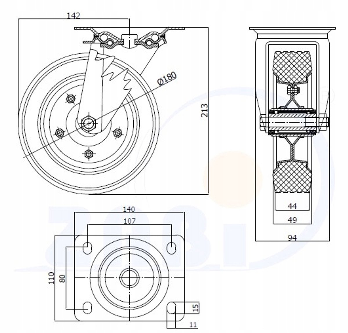 Zwenkbaar wiel 180mm metaal-rubber 220kg voor machines